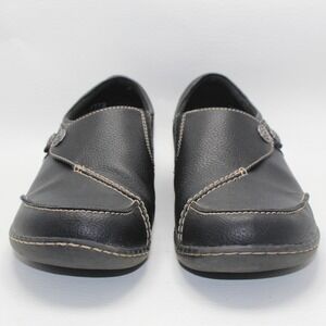 Clarks Collection Womens Black Leather Loafers Button‎ Detail Shoes Size 10 M